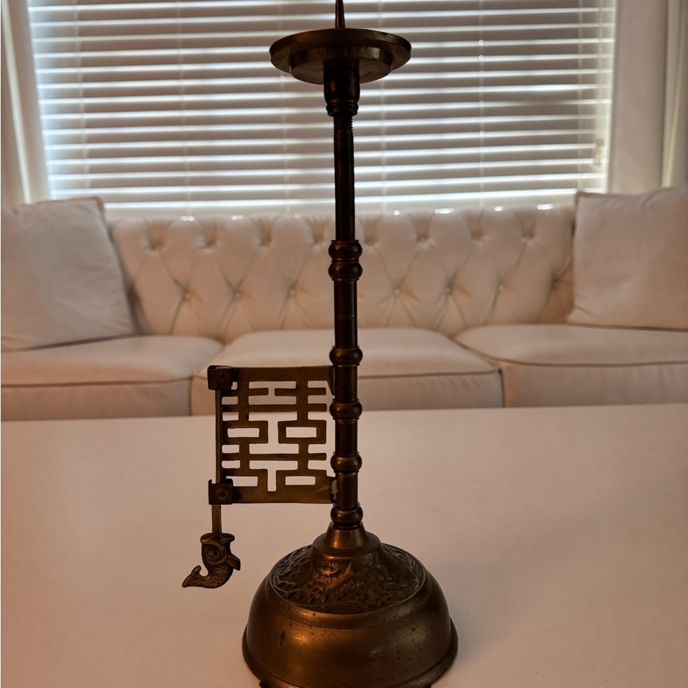 Vintage Chinese Brass Koi Fish Candlestick Candleholder 12” tall